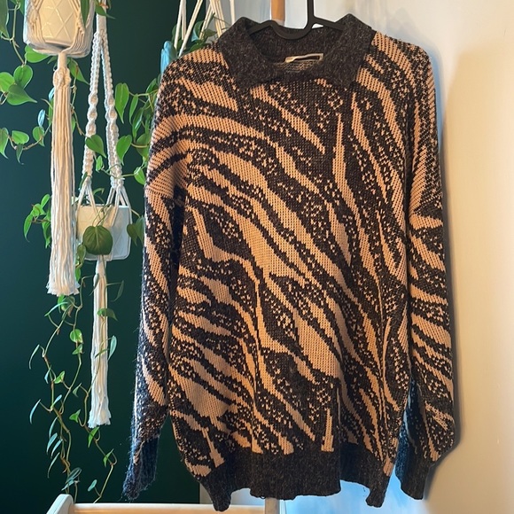 Vintage abstract knit sweater with collar, metallic detail. Size L. Black/beige - Picture 3 of 7